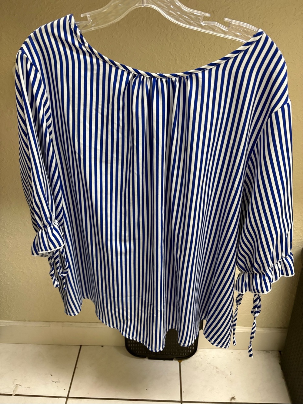SHEIN Blue and White Vertical Stripe Tie-Sleeve Blouse